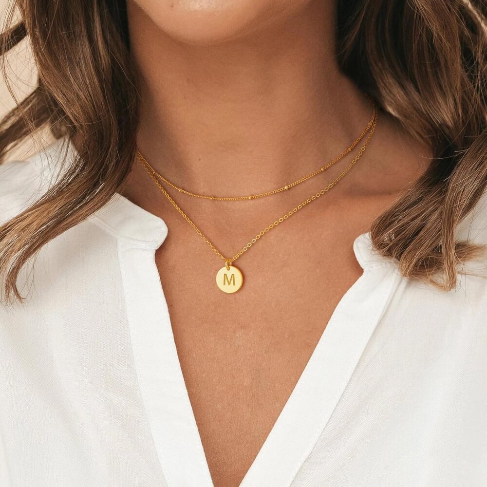 Initial Layered Necklaces for Women, 14K-Gold-Plated Coin Letter Necklace Bar St - Picture 3 of 7
